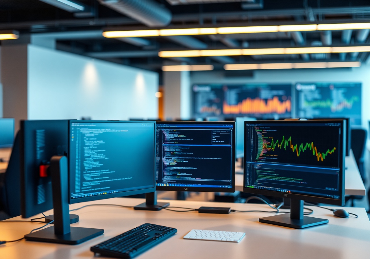 A distributed DevOps team reviewing real-time infrastructure dashboards on dual monitors during a sprint retrospective